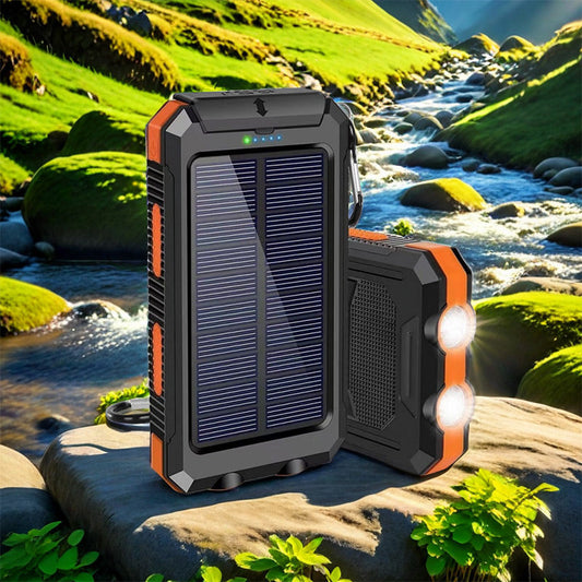 Banco de Energía Portátil de 20000mAh con Cargador Solar y Linterna LED.