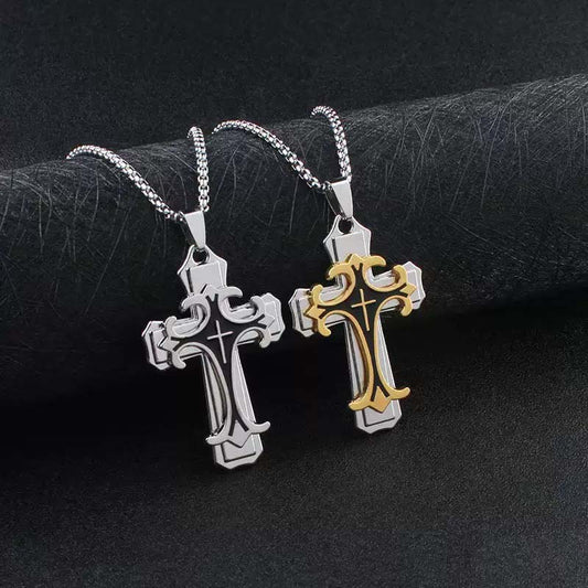 ✝️Collar de Cruz Hip-Hop para Hombre | Acero Inoxidable, Diseño Bicolor con Patrones ✨ 50% OFF – Último Día!